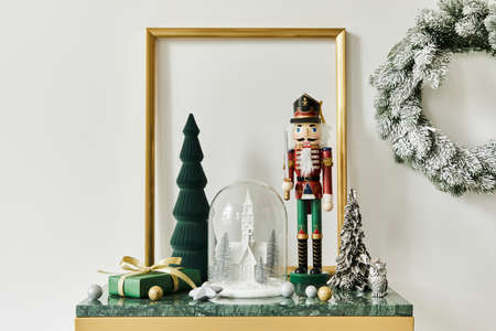 Christmas composition with beautiful decoration, christmas tree and wreath, deer, gifts and...