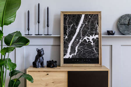 Modern scandinavian home interior with mock up poster frame, design wooden commode, cacti, plants,...