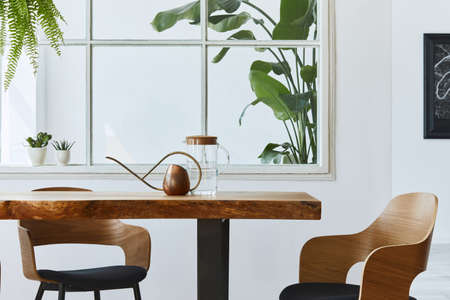 Interior design of dining room with stylish craft wooden family table, chairs, a lof of plants,...