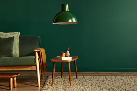 Minimalist living room interior in stylish house with design velvet sofa, carpet on floor, brown wooden furniture, decoration, pendant lamp, perosnal accessories, copy space background in home decor.の写真素材