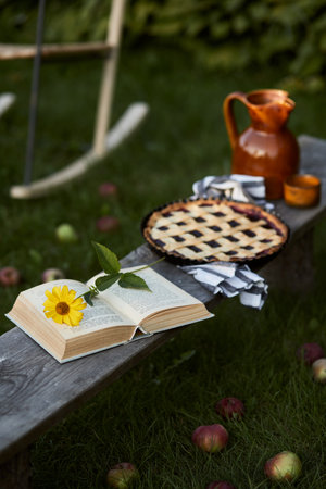 Stylish composition of countryside garden with old wooden bench, book, sunflower, cake, ceramic jar and elegant accessories. A lot of colorful flowers. Summer mood. Template.の写真素材