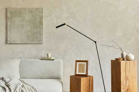 Stylish modern composition of living room interior with mock up poster, gray elegant sofa, wooden cubes and personal accessories. Neutral colors. Template.の写真素材