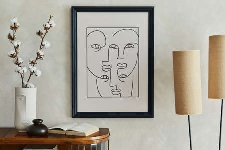 Stylish composition of creative living room interior with mock up poster frame, wooden commode,...