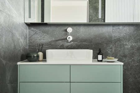 Stylish and creative minimalistic small bathroom interior design with marble walls with green panels, plants and beautiful bathroom accessories. Minimalistic home concept.の写真素材