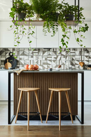 Stylish kitchen interior design with dining space. Workspace with kitchen accessories on the back ground. Creative walls. Minimalistic style an plant love concept.の写真素材