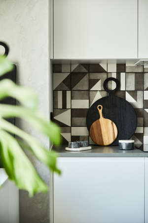 Stylish kitchen interior design in modern apartment with workspace with wooden kitchen accessories. Creative walls. Minimalistic style and plant love concept.の写真素材