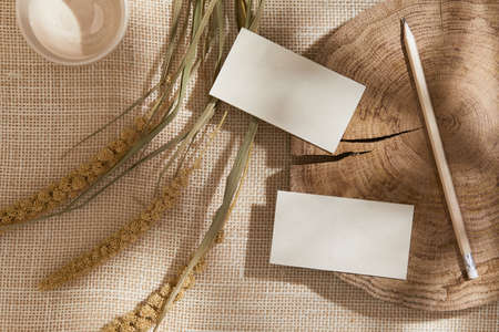 Flat lay interior of creative composition with mock up visit cards, textile, pencil, rocks, wood,...