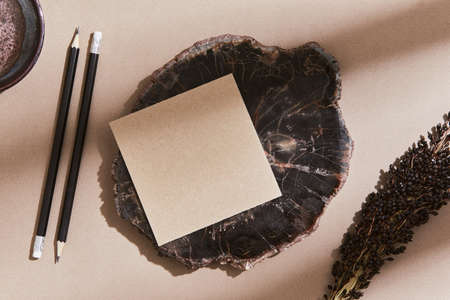 Creative flat lay composition with mock up visit cards, textile, rocks, natural materials, pencils, dry plants and personal accessories. Neutral colors, top view, template.の写真素材