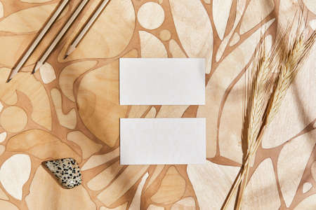 Creative flat lay interior design composition with mock up visit cards, rocks, natural materials,...