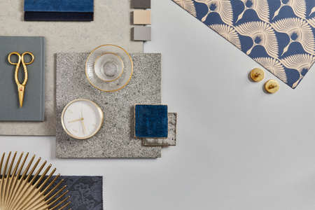 Flat lay of creative architect moodboard composition with samples of building, textile and natural...