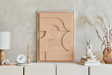 Creative composition of modern beige living room interior design with mock up structure painting,...
