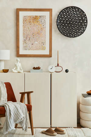 Stylish composition of modern living room interior with mock up poster frame, wooden sideboard,...