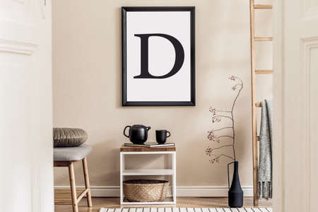 Interior design of living room with stylish furniture, ladder, tea pot, mock up poster frame,...