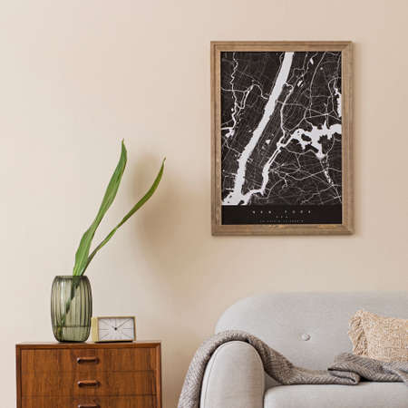 Design scandinavian home interior of living room with mock up poster map, stylish wooden commode,...