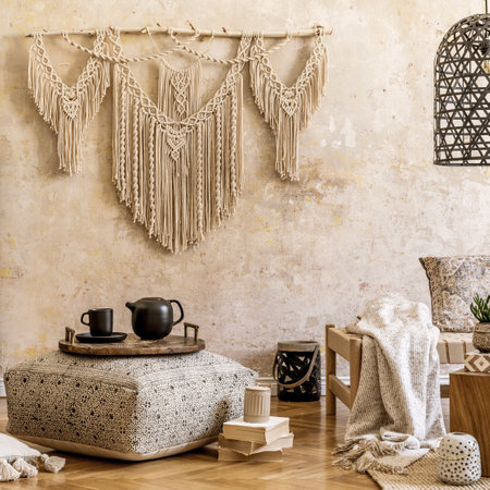 Interior design of stylish living room with chaise longue, beautiful macrame, rattan decoration, plants, book, plant, elegant personal accessories in oriental concept of home decor.の写真素材