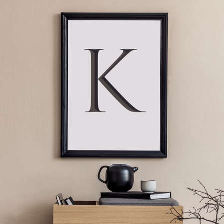 Design scandinavian home interior of living room with wooden commode, mock up poster frame, book,...