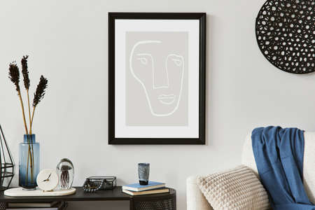 Creative composition of living room interior design with console, armchair, mock up poster frame,...