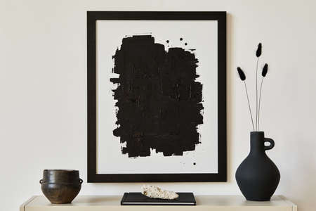 Elegant minimalist interior design with black mock up poster frame, metal shelf and minimalistic...