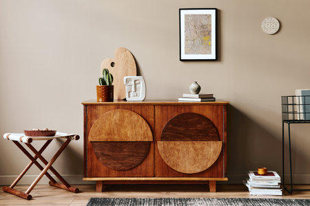 Stylish interior with design wooden commode, stool, cacti in pot, unique decoration, carpet, mock up...