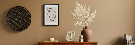 Stylish interior with design wooden commode, stool, dried flowers in vase, unique decoration,...