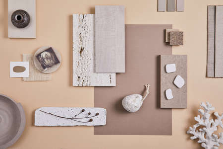 Creative interior designer moodboard. Flat lay composition with textile and paint samples, panels...