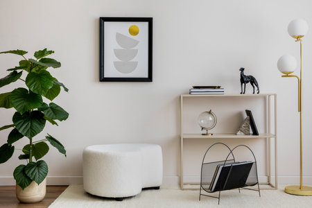 Cozy and stylish living room with mock up poster, white pouf, lamp, console and personal...