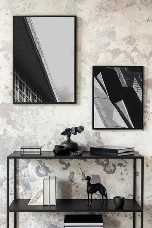 Interior design of industrial apartment with mock up poster frame, simple rack, black dog, books,...