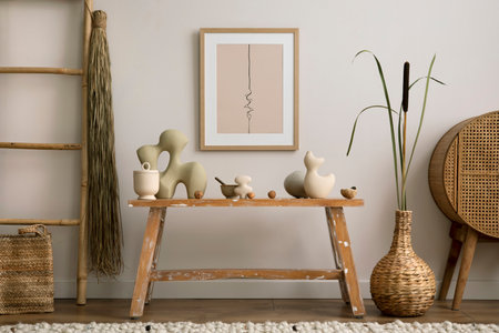 Cozy composition of living room interior with mock up poster frame, wooden bench, vase with dried...