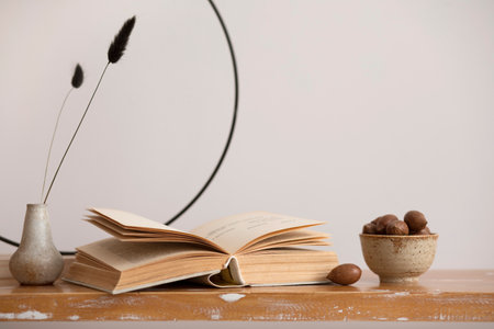The minimalistic composition of interior with book, vase with dried flowers and almonds. home...