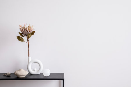 Aesthetic interior of living room with copy space, white wall, black table, vase with dried flower, glass ball, candlestick and elegant personal accessories. Stylish home decor. template.の写真素材