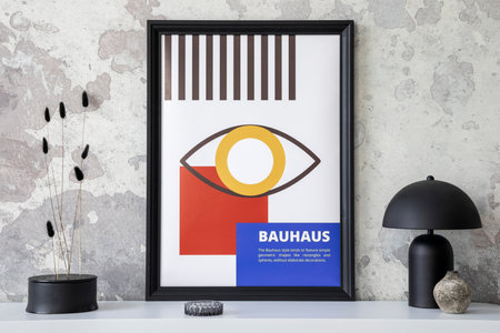 Interior design of creative modern living room with colorful mock up poster, black lamp, decoration and personal accessories. home dÃ©cor. template.の写真素材