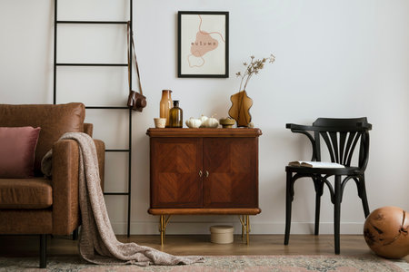 Warm and cozy living room interior with mock up poster frame with vintage sideboard, black chair, vase with dried flowers, box, carpet, pumpkins, sofa and personal accessories. home dÃ©cor. template.の写真素材