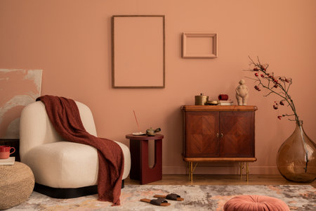 Creative composition of living room interior with mock up poster frame, wooden sideboard, beige armchair, plaid, vase with rowan, rug, round coffee table and personal accessories. home dÃ©cor. templateの写真素材