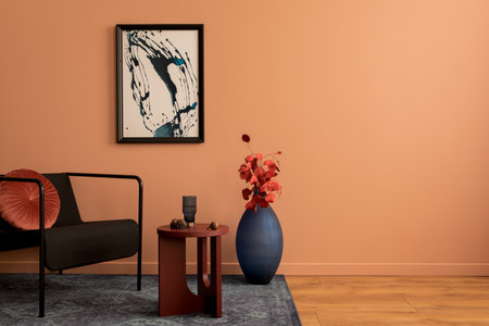 Creative composition of living room interior with mock up poster frame, copy space, navy vase with...