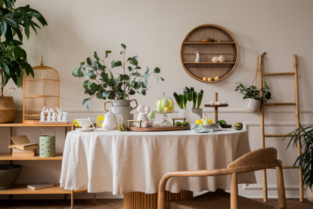 Warm and spring dining room interior with easter accessories, round table, vase with green leaves, cake, colorful eggs, rabbit sculpture and personal accessories. home dÃ©cor. template.の写真素材