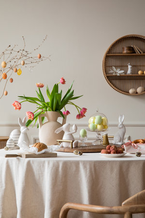 Creative composition of spring easter dining room interior with round table, vase with tulips,...