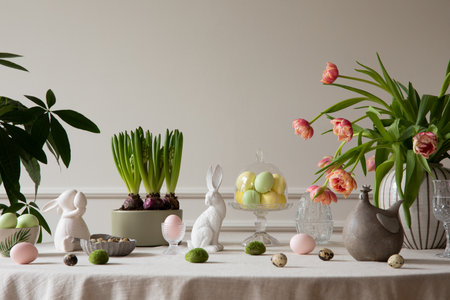 Interior design of easter dining room with colorful easter eggs, white hare sculptures, vase with...