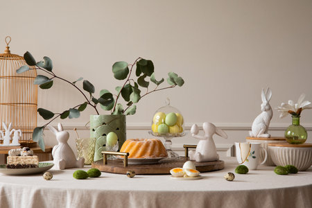 Warm and cozy composition of easter dining room interior with round table, cake, hare sculpture,...