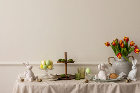 Creative composition of easter living room interior with copy space, vase with spring tulips, easter bunny sculpture, elegant cup, colorful easter eggs and personal accessories. home dÃ©cor. template.の写真素材