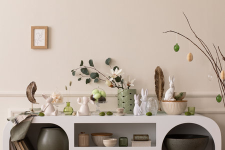Interior design of easter living room interior stylish sideboard, colorful easter eggs, easter bunny sculpture, vase with leaves, magnolia and personal accessories Home decor. template.の写真素材
