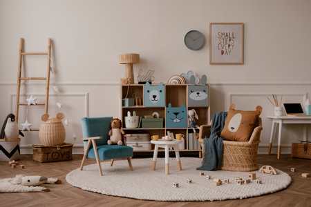 Warm and cozy kids room interior with mock up poster frame, beige wall with stucco, colorful sideboard, braided armchair, plush toys, brown pillow and personal accessories. home dÃ©cor. template.の写真素材