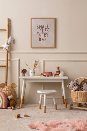 Warm and cozy kids room interior with mock up poster frame, beige wall with stucco, white desk, stool, pillows, plush animal toys, garland on the wall and personal accessories. home dÃ©cor. template.の写真素材