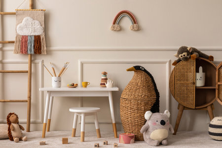 Warm and cozy kids room interior with white desk, stool, animal wicker basket, rattan sideboard, stylish toys, plush monkey, koala, wooden blockers, pouf and personal accessories. home dÃ©cor. templateの写真素材
