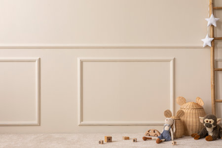 Minimalist composition of children room interior with copy space, wicker baskets, wooden blockers, animal plush toys, ladder, white stars, beige wall and personal accessories. home dÃ©cor. template.の写真素材