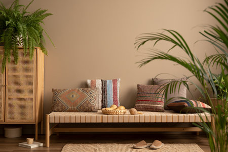 Ethno composition of living room interior with couch, patterned pillows, rattan sideboard, braided...