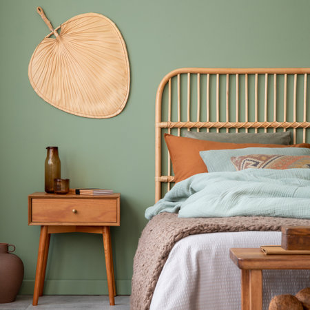 Elegant bedroom interior design with bamboo bed, modern bedclothes, night table and stylish accessories. Eucalyptus wall. template. copy space.の写真素材