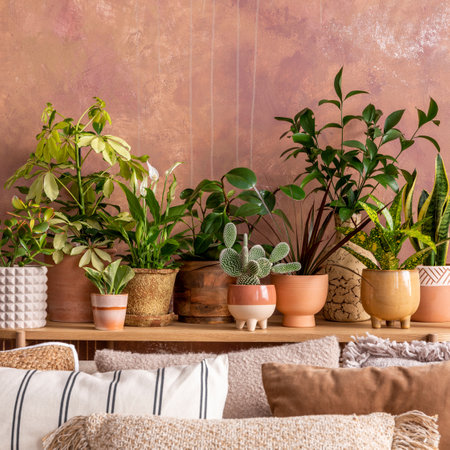 Stylish composition of creative spacious living room interior with plants, sofa, pillows and stylish accessories. Botanical space of a cozy room. brown walls. template.の写真素材
