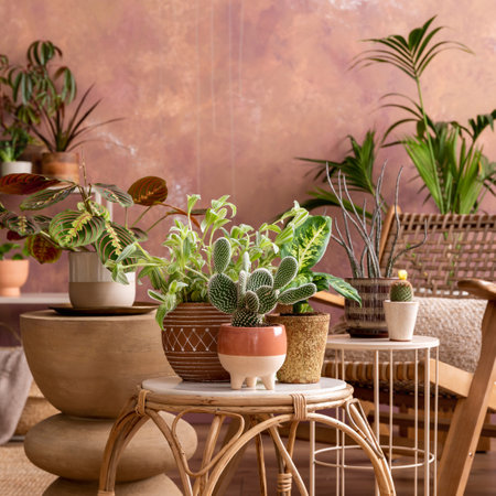 Stylish composition of creative spacious living room interior with armchair, coffee table, plants and accessories. Wooden walls and parquet floor. template.の写真素材
