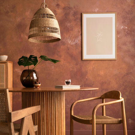 Stylish boho vintage dining room interior with poster mock up. Round table with rattan armchair, vase with dried flowers and cup. Brown wall and rattan lamp. Mock up poster. template.の写真素材