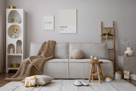 Domestic and cozy christmas living room interior with corduroy sofa, white shelf, mock up poster frame, christmas decoration, wreath, stars, gifts and accessories. Home decor. Family time. Template.の写真素材